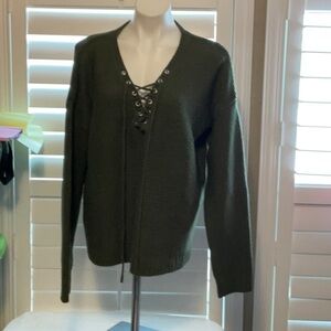 Charlotte Russe Green V-Neck Sweater with Lace-Up Detail